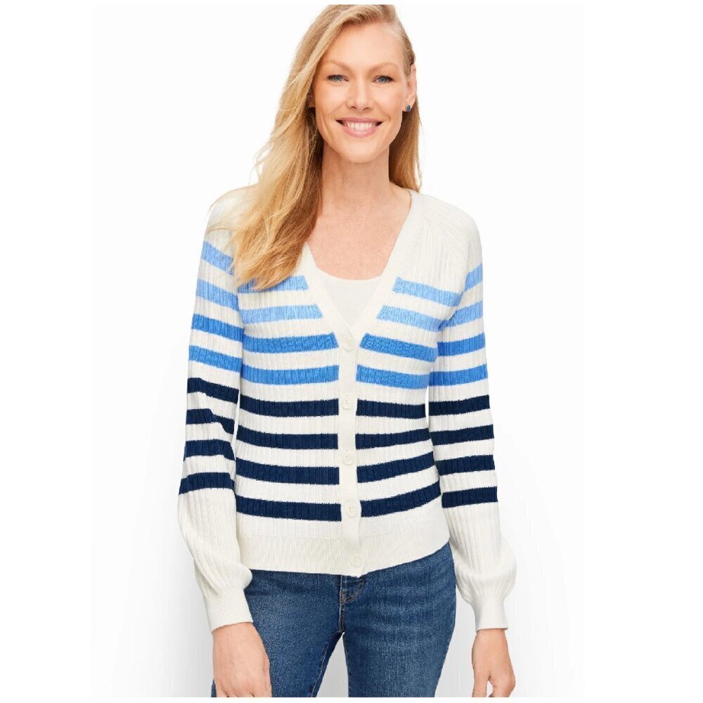 New‎ Talbots Cotton Blend V-neck Cardigan - Breton Stripe Size M